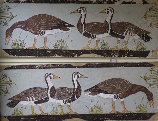 A pair of large Egyptian-style textured fresco paintings 55 x 150cm